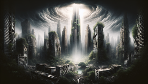 A highly detailed post-apocalyptic city, with crumbling skyscrapers, overgrown vegetation reclaiming the streets, and eerie shafts of light breaking through the cloudy sky.