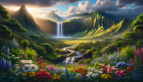 A cinematic depiction of a Hawaiian mountain vista, showcasing a cascading waterfall surrounded by lush greenery and wildflowers. The scene captures the untouched beauty of the island's wilderness.