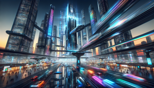 A cinematic futuristic cityscape, with towering neon-lit skyscrapers, flying vehicles zipping through the air, and a bustling street market filled with holographic advertisements.