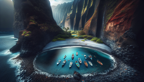 A cinematic depiction of a secluded Hawaiian cove surrounded by volcanic cliffs, with crystal-clear waters and small colorful boats anchored nearby. The scene is tranquil and untouched by modernity.