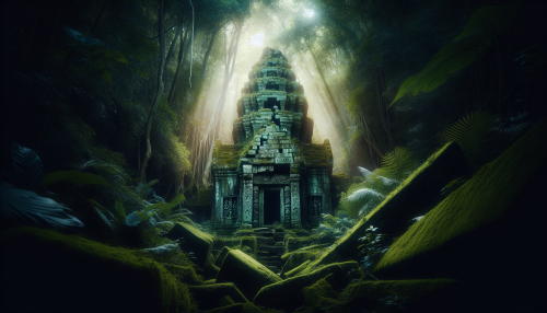 A cinematic view of ancient ruins hidden in a dense jungle, with moss-covered stone carvings, shafts of sunlight breaking through the canopy, and mysterious glowing symbols.