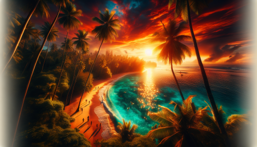 A cinematic depiction of a beautiful Hawaiian beach at sunset, with golden light reflecting on turquoise waters and lush palm trees swaying gently. A serene atmosphere with people enjoying the beach in the distance.