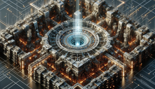 A highly detailed cyberpunk-style robotic city, with intricate mechanical details, glowing circuits, and a massive AI core in the center surrounded by energy beams.