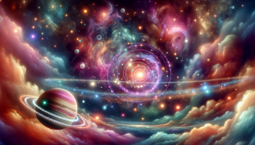 A majestic depiction of a distant alien galaxy, with swirling nebulae, vibrant star clusters, and a planet with shimmering rings floating in the foreground.