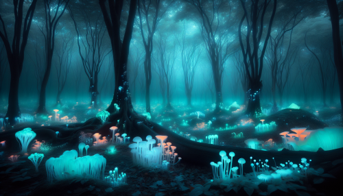 A surreal depiction of a glowing enchanted forest, with bioluminescent trees, soft mist, and shimmering magical creatures. The forest floor is dotted with vibrant mushrooms and glowing plants.