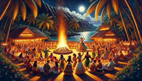 A cinematic depiction of a vibrant Hawaiian luau at night, featuring traditional hula dancers, a large bonfire, and guests enjoying a feast under a canopy of stars. The scene is lively and culturally rich.