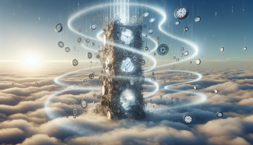 A surreal tower representing time, with cascading clock faces, shimmering light trails, and intricate mechanical gears in constant motion. The tower floats above a boundless sea of clouds.