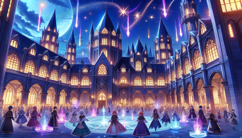 5. 魔法学院： • “An anime-style magical academy with towering spires, floating candles, and vibrant spell effects. Students wearing enchanted robes practice spells in the courtyard under a starry sky.”