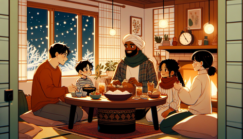 14. 温馨家庭场景： • “An anime-style cozy living room with warm lighting, a family gathered around a kotatsu table, sharing laughter and snacks while snow falls gently outside the window.”