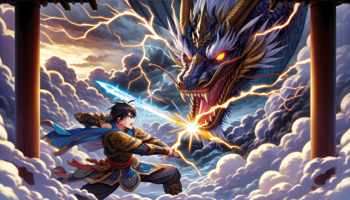 7. 史诗战斗场面： • “An anime-style epic battle scene with a heroic warrior wielding a glowing sword, clashing against a massive dragon in a stormy sky, lightning striking dramatically in the background.”