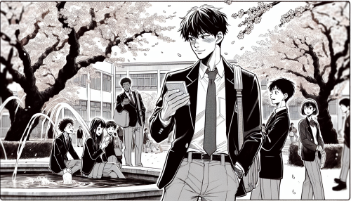 11. 学园日常： • “An anime-style school courtyard during cherry blossom season, with students chatting under blooming trees and a protagonist holding a letter while standing nervously near a fountain.”