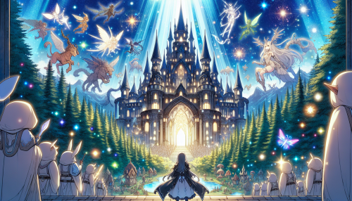 15. 异世界城堡： • “An anime-style depiction of a towering enchanted castle surrounded by glowing forests and magical creatures, with a brave knight standing in awe at the gates.”