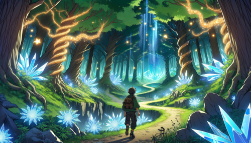 1. 奇幻森林场景： • “An anime-style depiction of a mystical forest, filled with glowing plants, towering crystal trees, and magical fireflies illuminating the air. A lone adventurer walks along a winding path, looking in awe.”