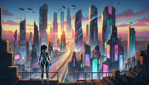 4. 科幻未来城市： • “An anime-style futuristic cityscape, with sleek skyscrapers, flying vehicles, and holographic advertisements. A young girl with neon cybernetic enhancements overlooks the city from a rooftop.”