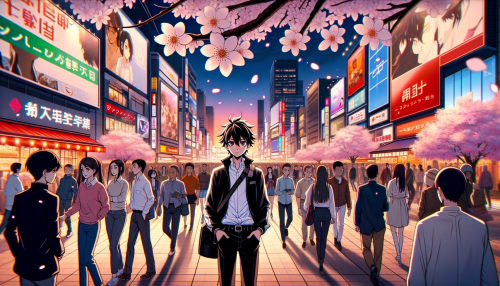 2. 现代城市街景： • “A vibrant anime-style city street at sunset, with bustling crowds, neon-lit billboards, and street vendors. A protagonist with a confident gaze stands under a cherry blossom tree, petals gently falling around them.”