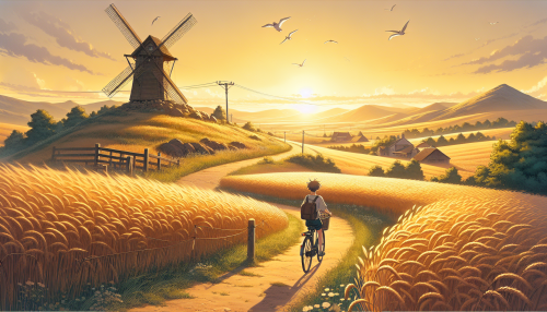 8. 乡村田园： • “An anime-style countryside with golden wheat fields, a windmill on a hill, and a character riding a bicycle along a dirt path under a warm, golden sunset.”