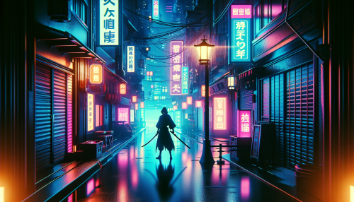 12. 赛博朋克街区： • “An anime-style neon-lit cyberpunk alley, with futuristic shops, rain-soaked streets, and a shadowy figure holding a katana standing under a flickering streetlamp.”