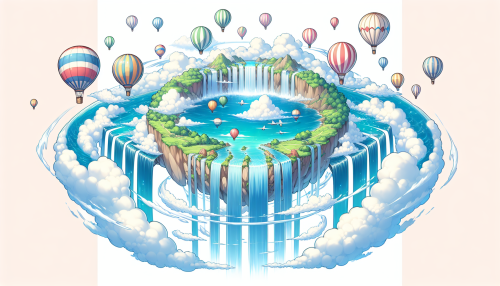 10. 梦幻天空岛： • “An anime-style floating island in the sky, surrounded by fluffy clouds and colorful hot air balloons, with waterfalls cascading off the edges into the void below.”