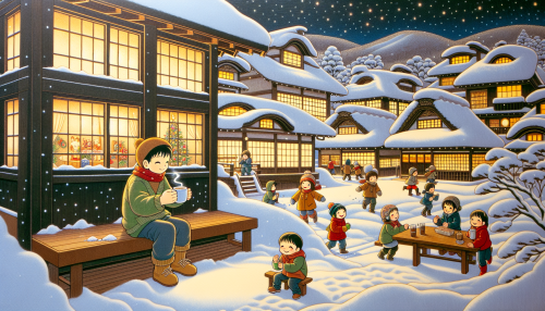 9. 冬季小镇： • “An anime-style depiction of a cozy snow-covered village, with warm lights glowing in windows, children playing in the snow, and a character sipping hot cocoa at a wooden bench.”