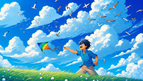 13. 天空与飞鸟： • “An anime-style expansive blue sky filled with soaring birds and fluffy clouds, with a young character flying a kite on a grassy hilltop, joyfully laughing.”