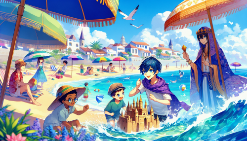 6. 海滩场景： • “An anime-style summer beach scene with crystal-clear waves, vibrant umbrellas, and playful characters enjoying the sun. A protagonist builds a sandcastle while friends splash in the water.”