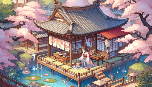 3. 日式茶馆： • “An anime-style traditional Japanese tea house surrounded by blooming cherry blossoms, with a peaceful koi pond in the foreground and a character in a kimono serving tea.”