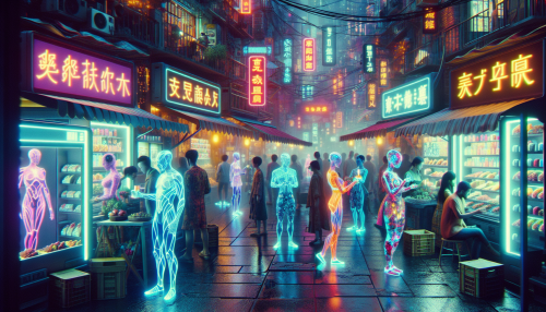 A bustling cyberpunk street market filled with glowing vending machines, holographic vendors, and shoppers wearing futuristic outfits with cybernetic enhancements.