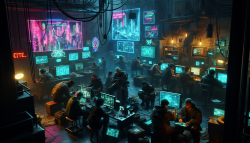 A gritty cyberpunk resistance hideout, hidden under the city, filled with hacked monitors, neon graffiti, and rebels preparing for their next mission.
