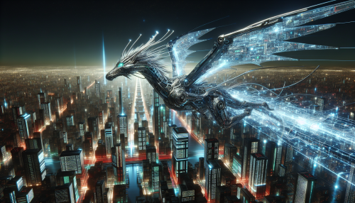 A highly detailed cyberpunk-style robotic dragon soaring above a futuristic city, with glowing circuits and a sleek, metallic body emitting light beams