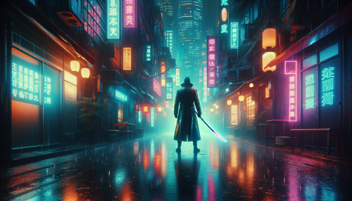 A shadowy cyberpunk alley, illuminated by flickering neon signs and holograms, with rain pouring down and a lone figure in a trench coat holding a glowing katana.