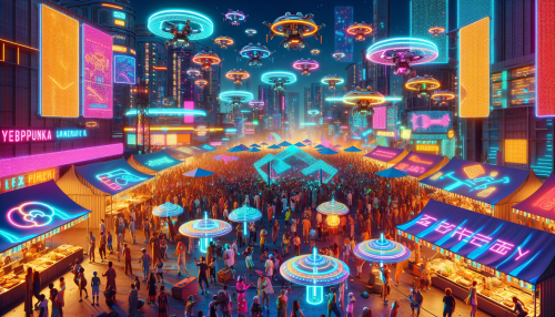 A vibrant cyberpunk festival with holographic decorations, glowing drones dancing in the sky, and crowds enjoying futuristic food stalls under neon-lit banners.