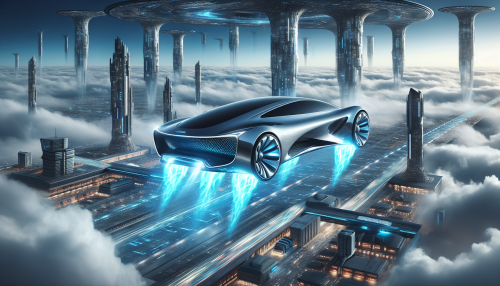 A futuristic flying car with a sleek, aerodynamic metallic body reflecting a shiny gloss. Blue plasma flames emit from its underside, and the background showcases a floating city in the clouds.