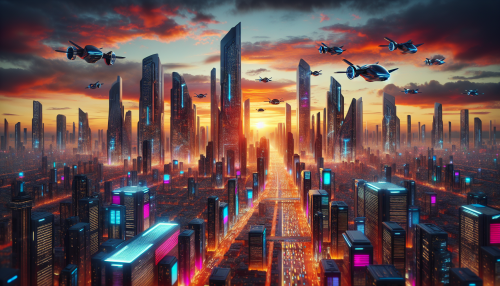 A futuristic city at sunset, with a skyline dominated by towering skyscrapers. Flying cars shuttle between the buildings, and the streets are illuminated by neon lights and patrolled by intelligent robots.