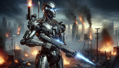 A futuristic mechanical warrior clad in silver armor, with a miniature rocket launcher mounted on its shoulder and a glowing laser sword in hand. The background is a war-torn city engulfed in flames.