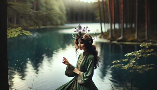 A graceful elf princess wearing a green silk gown, a shimmering floral crown on her head, and holding an intricately carved magical staff, standing by a radiant forest lake.