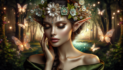 A portrait-style close-up of a graceful elf princess surrounded by glowing butterflies. She has delicate facial features with a serene expression, wearing a shimmering floral crown adorned with glowing flowers. Her flowing green silk gown is visible around her shoulders, and soft ethereal light highlights her intricate magical aura. The glowing butterflies add an enchanting touch to the composition, with a blurred mystical forest and radiant lake in the background emphasizing her elegance and charm.