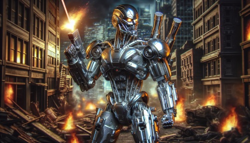 A futuristic mechanical warrior clad in silver armor, with a miniature rocket launcher mounted on its shoulder and a glowing laser sword in hand. The background is a war-torn city engulfed in flames.