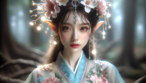 A portrait-style close-up of a graceful elf princess with facial features inspired by traditional Chinese beauty, including soft skin, delicate almond-shaped eyes, and an elegant expression. She is dressed in a flowing hanfu gown with intricate embroidery and soft pastel colors. She wears a delicate floral crown adorned with glowing flowers. Soft ethereal light highlights her intricate magical aura, and the background features a blurred mystical forest scene, emphasizing her charm and elegance.