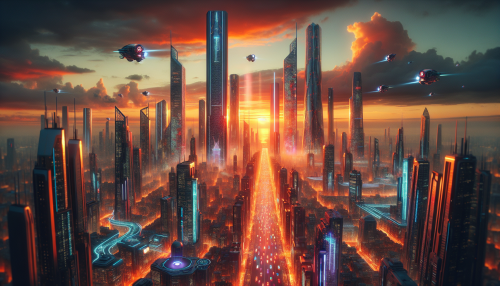 A futuristic city at sunset, with a skyline dominated by towering skyscrapers. Flying cars shuttle between the buildings, and the streets are illuminated by neon lights and patrolled by intelligent robots.