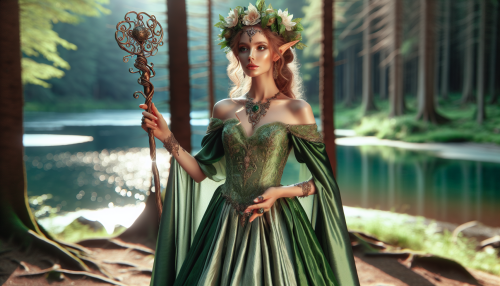 A graceful elf princess wearing a green silk gown, a shimmering floral crown on her head, and holding an intricately carved magical staff, standing by a radiant forest lake.