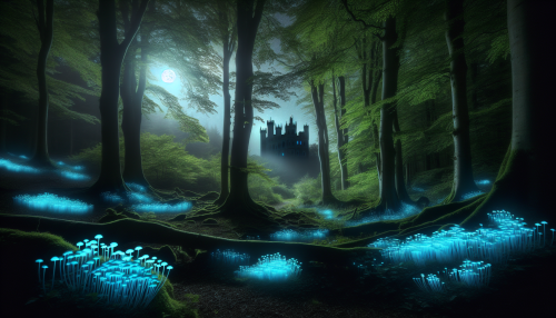 A mysterious magical forest bathed in soft moonlight filtering through dense foliage. Trees are entwined with glowing vines, and the ground is dotted with bioluminescent blue mushrooms. In the distance, a floating ancient castle is faintly visible.