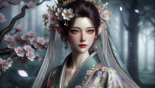 A portrait-style close-up of a graceful elf princess with facial features inspired by traditional Japanese beauty, including pale skin, delicate almond-shaped eyes, and a serene expression. She is dressed in a flowing kimono with intricate floral patterns in soft pastel colors. Her hairstyle is adorned with elegant kanzashi hairpins and delicate cherry blossoms. She wears a shimmering floral crown, and soft ethereal light highlights her intricate magical aura. The background features a blurred mystical forest with subtle sakura petals drifting, emphasizing her elegance and charm.