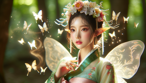 A portrait-style close-up of a graceful elf princess with facial features inspired by traditional Korean beauty, including soft skin, delicate almond-shaped eyes, and an elegant expression. She is surrounded by glowing butterflies, wearing a shimmering floral crown adorned with glowing flowers. Her attire combines elements of a flowing green silk gown with subtle traditional Korean hanbok patterns. Soft ethereal light highlights her intricate magical aura, and the background features a blurred mystical forest scene, emphasizing her charm and elegance.