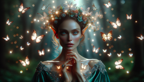 A portrait-style close-up of a graceful elf princess surrounded by glowing butterflies. She has delicate facial features with a serene expression, wearing a shimmering floral crown adorned with glowing flowers. Her flowing green silk gown is visible around her shoulders, and soft ethereal light highlights her intricate magical aura. The glowing butterflies add an enchanting touch to the composition, with a blurred mystical forest and radiant lake in the background emphasizing her elegance and charm.