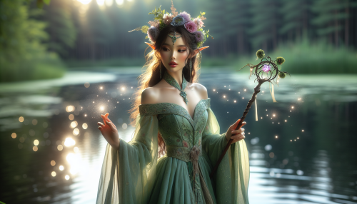 A graceful elf princess wearing a green silk gown, a shimmering floral crown on her head, and holding an intricately carved magical staff, standing by a radiant forest lake.