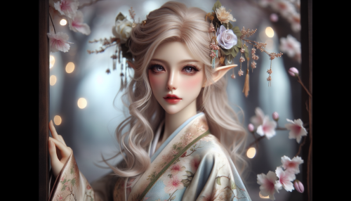 A portrait-style close-up of a graceful elf princess with facial features inspired by traditional Japanese beauty, including pale skin, delicate almond-shaped eyes, and a serene expression. She is dressed in a flowing kimono with intricate floral patterns in soft pastel colors. Her hairstyle is adorned with elegant kanzashi hairpins and delicate cherry blossoms. She wears a shimmering floral crown, and soft ethereal light highlights her intricate magical aura. The background features a blurred mystical forest with subtle sakura petals drifting, emphasizing her elegance and charm.