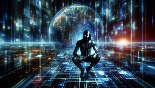 A futuristic hacker dressed in a sleek black electronic suit, set against a digital network world filled with rapidly scrolling code and flickering holographic symbols.