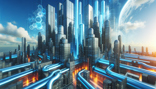 A collection of futuristic architectural designs featuring irregularly shaped skyscrapers with smooth glass surfaces and glowing pipelines. The background blends a bright blue sky with virtual space elements.