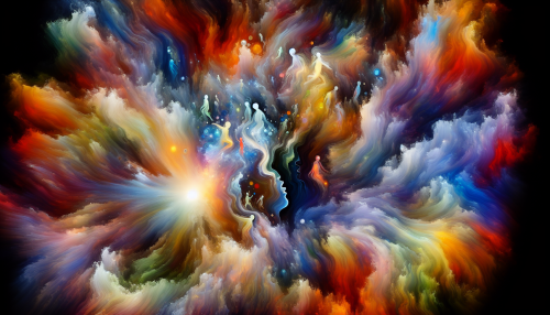 A vibrant color explosion resembling a cosmic nebula, with liquid-like colors flowing across the canvas. Hidden within the details are faint silhouettes of human figures intertwined with light and shadows.