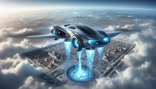 A futuristic flying car with a sleek, aerodynamic metallic body reflecting a shiny gloss. Blue plasma flames emit from its underside, and the background showcases a floating city in the clouds.